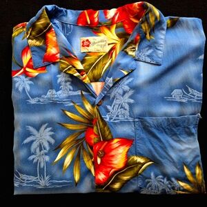 Hilo Hattie VTG Hawaiian Original Aloha Camp Shirt Blue Men's XL Made in HI EUC